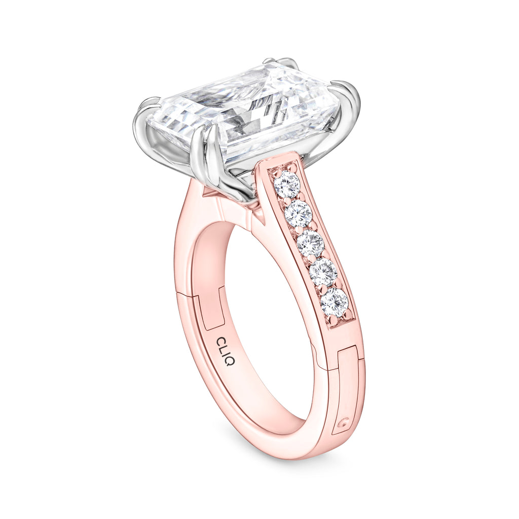 Prive emerald cut solitaire hinged engagement ring with side stones