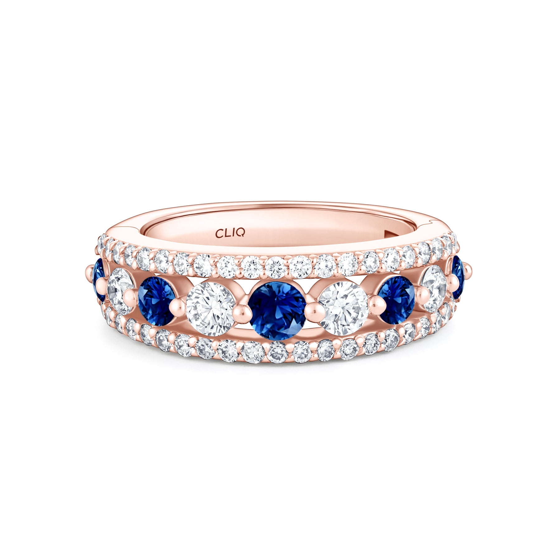 Addilyn Tapered Three Row Diamond + Sapphire Band