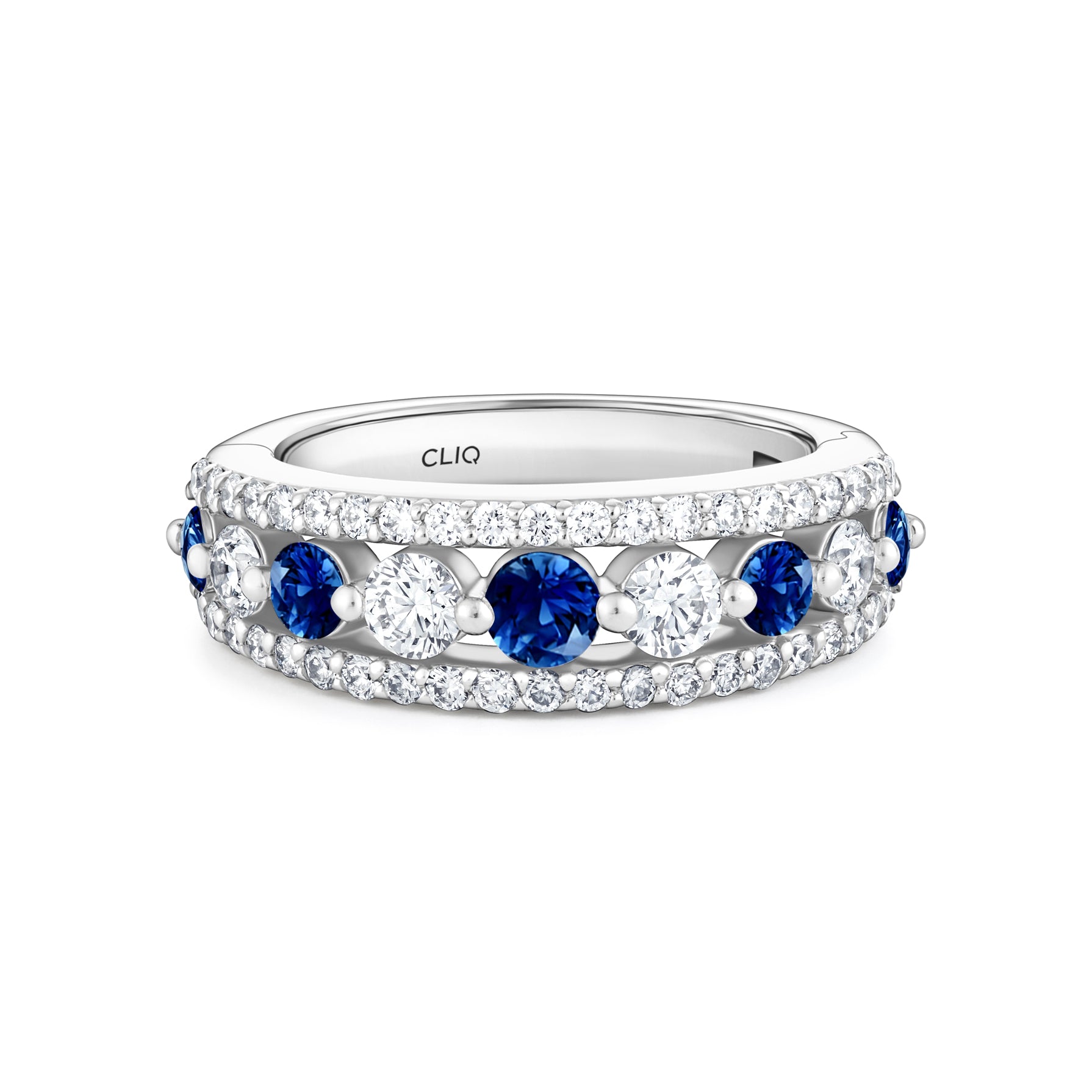 Addilyn Tapered Three Row Diamond + Sapphire Band