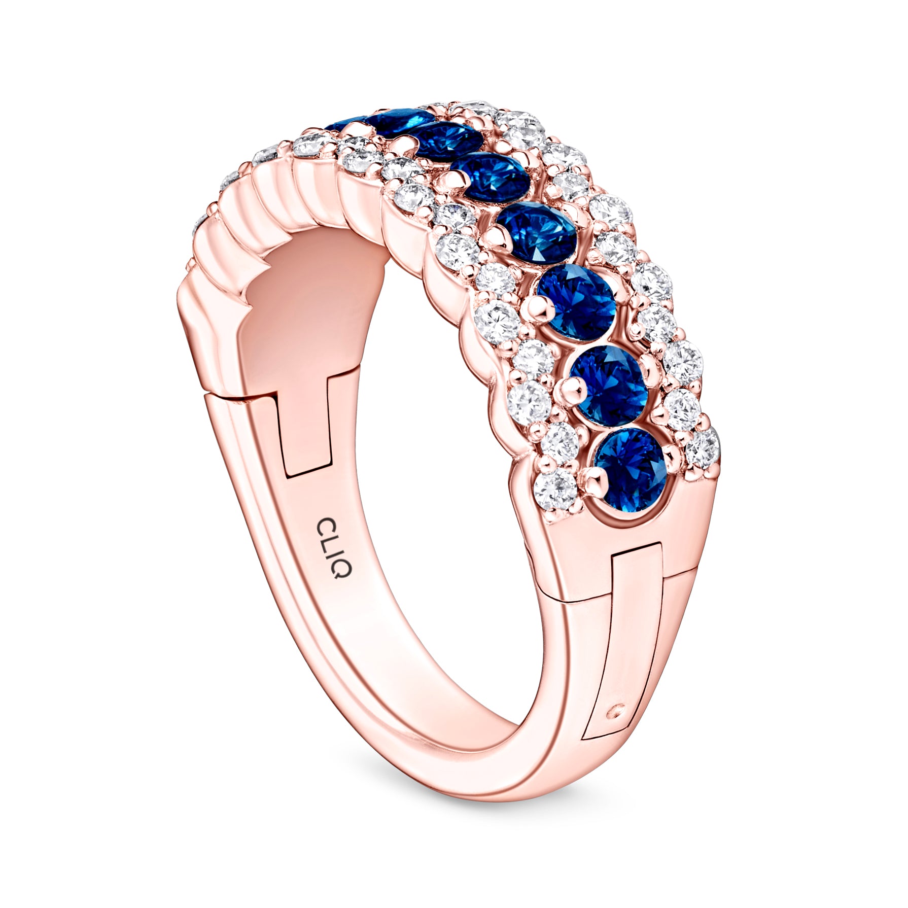 Seville Tapered Three Row Diamond + Sapphire Band