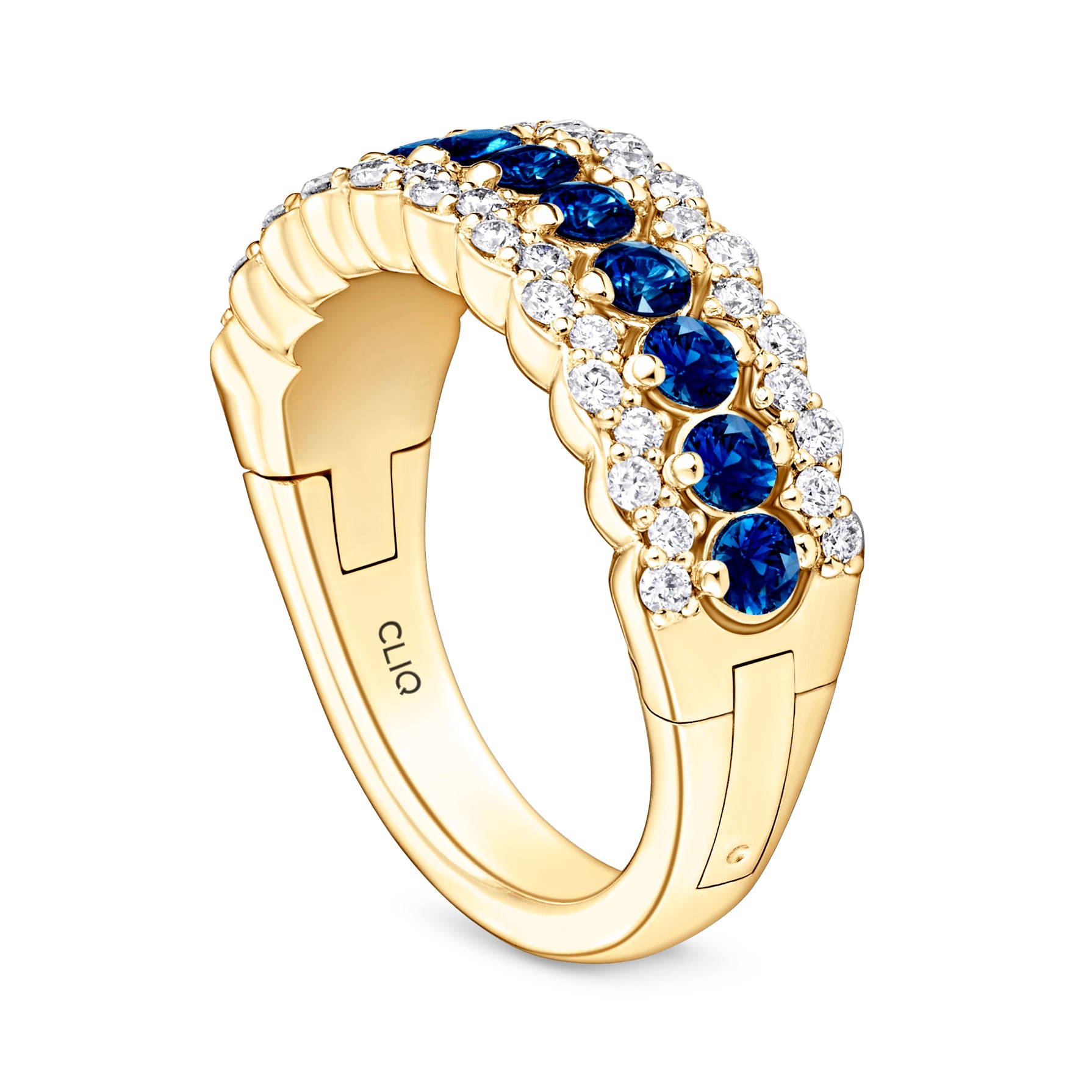 Seville Tapered Three Row Diamond + Sapphire Band